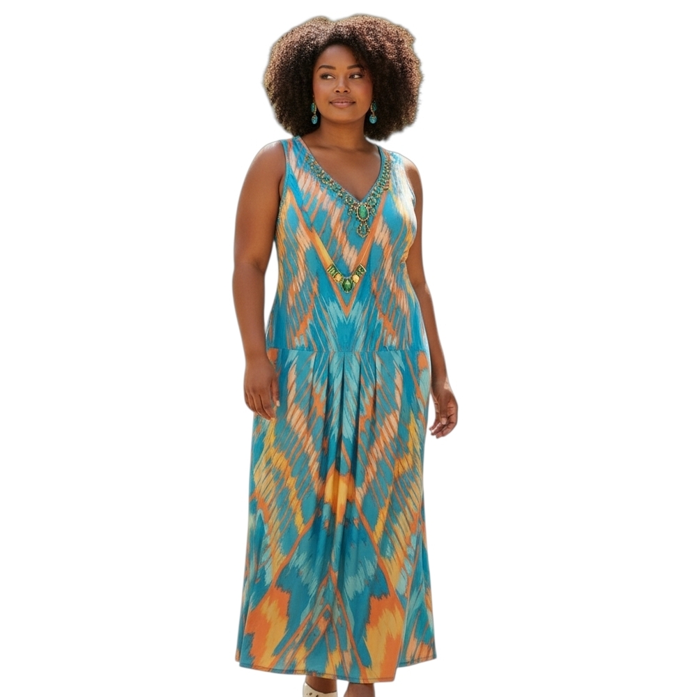 Ruby Red Vibrant Blue and Orange Dress  Womens 2X